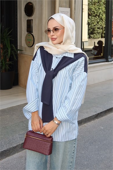 Sweat Detaylı Çizgili Gömlek Yeşil