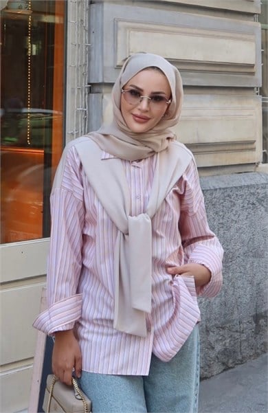 Sweat Detaylı Çizgili Gömlek Turuncu