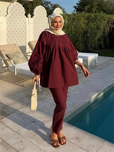 Badem Pantolonlu Takım Bordo