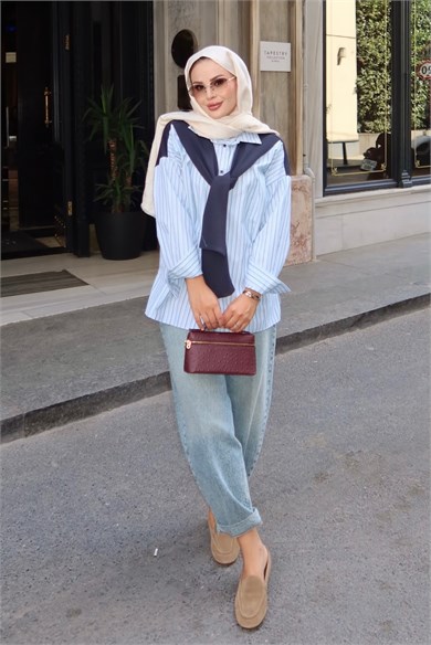 Sweat Detaylı Çizgili Gömlek Yeşil