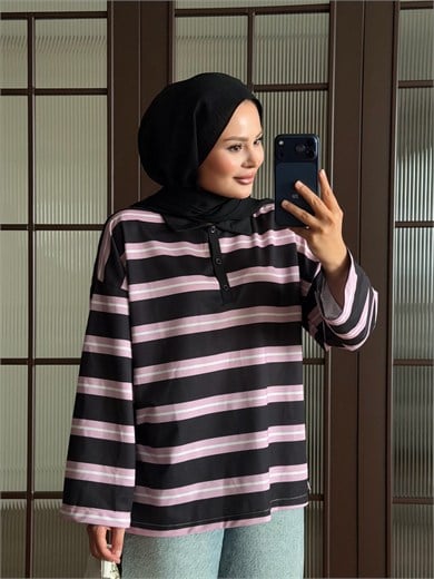 Polo Yaka Çizgili Sweat Pembe