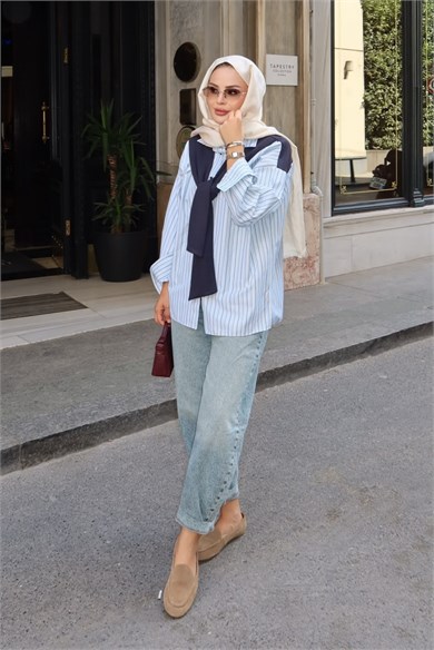 Sweat Detaylı Çizgili Gömlek Yeşil