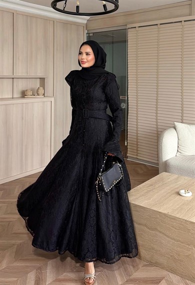 İvory Dantelli Elbise Siyah