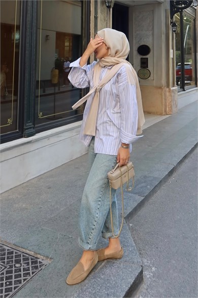 Sweat Detaylı Çizgili Gömlek Bej