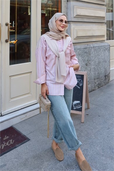 Sweat Detaylı Çizgili Gömlek Turuncu