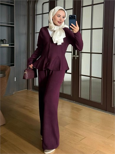 Fit Kalıp Triko Takım Mürdüm