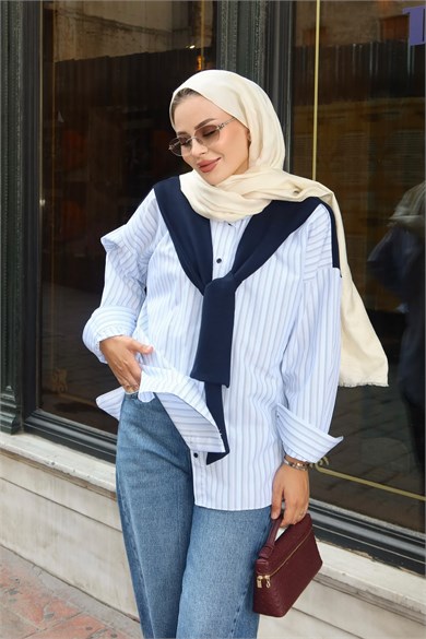 Sweat Detaylı Çizgili Gömlek Mavi