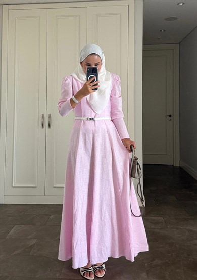 Ham Keten Elbise Pembe