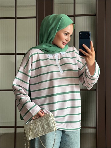 Polo Yaka Çizgili Sweat Yeşil