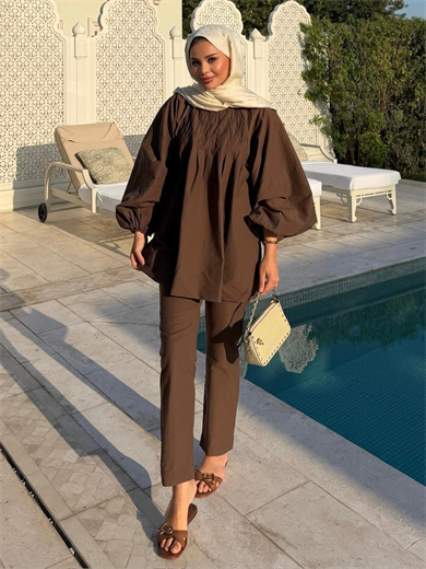 Badem Pantolonlu Takım Kahve 