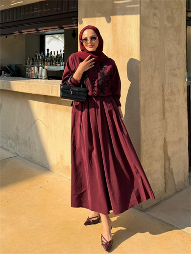 Nakışlı Etekli Takım Bordo 