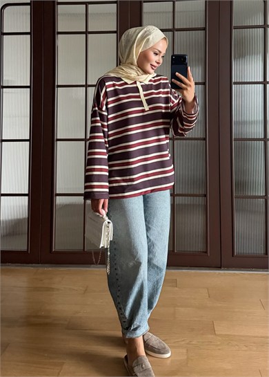 Polo Yaka Çizgili Sweat Bordo