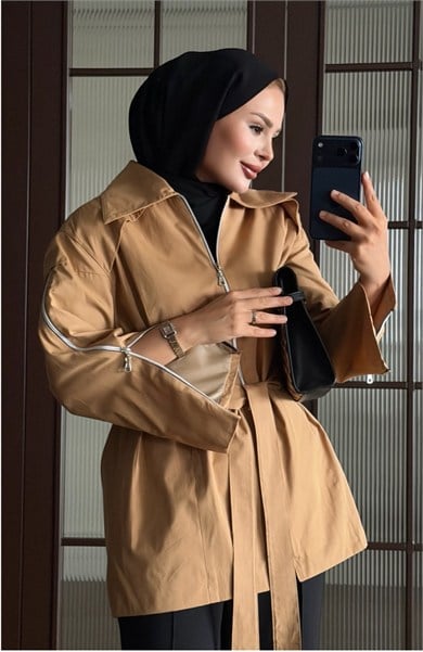 Fermuar Detaylı Trençkot Taba