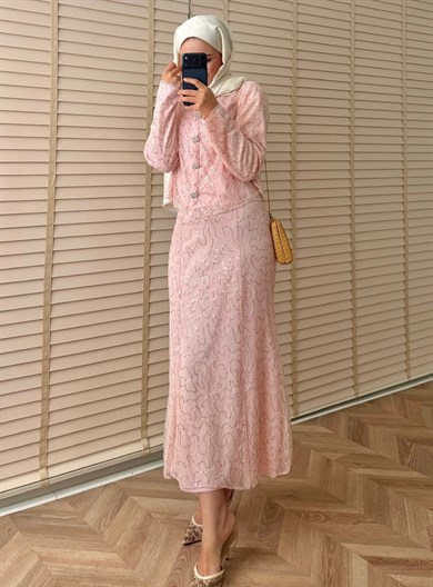 İthal Dantelli Etekli Takım Pembe