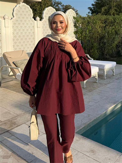 Badem Pantolonlu Takım Bordo