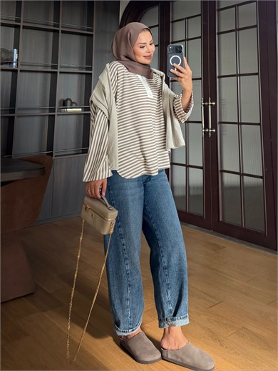 Çizgili Pamuk Body Bej