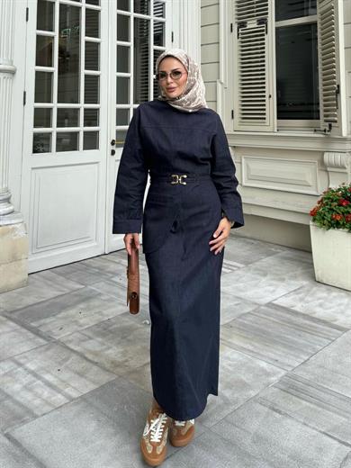 Kemer Detaylı Kot Elbise Mavi
