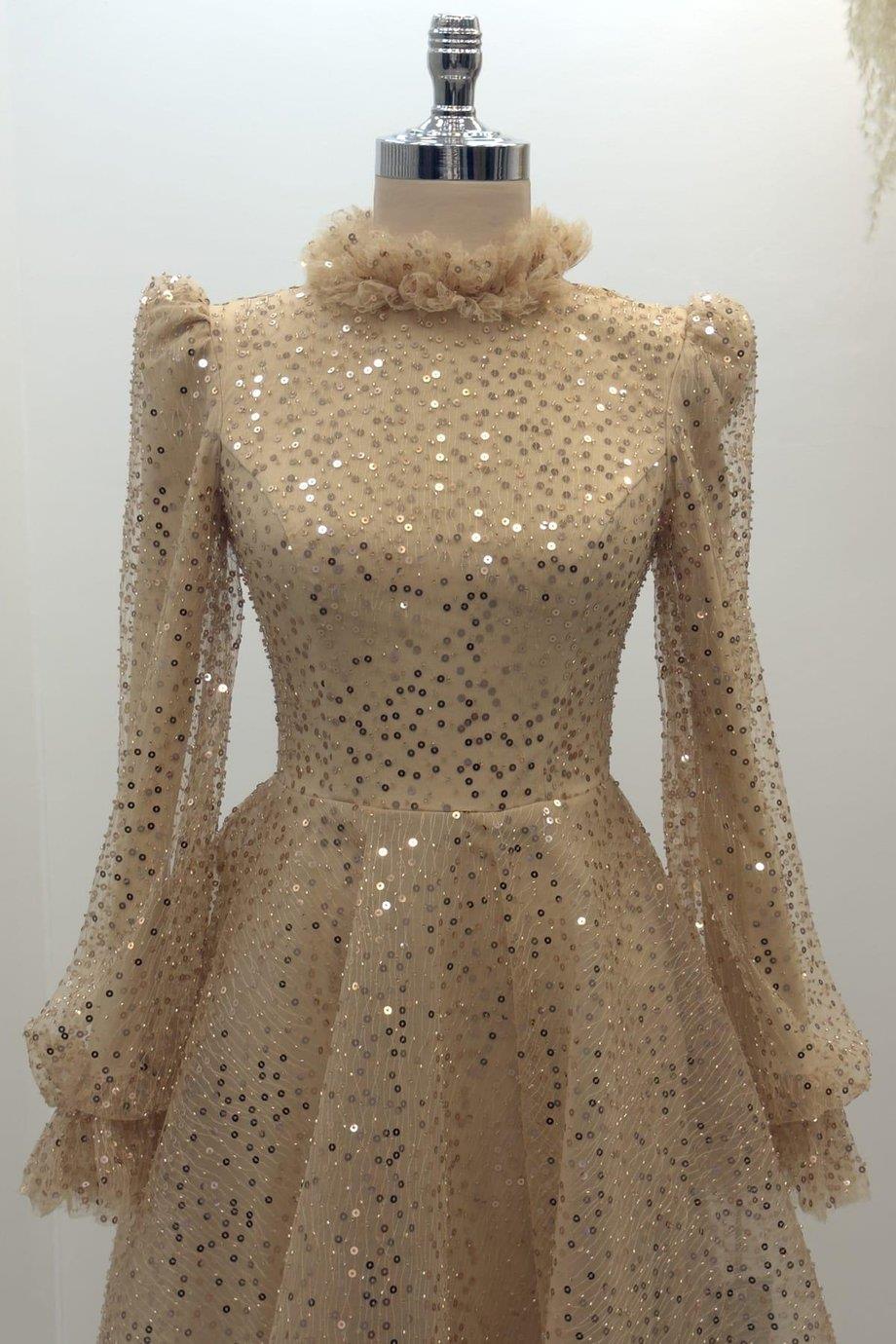 Pullu Kabarık Tesettür Abiye Gold