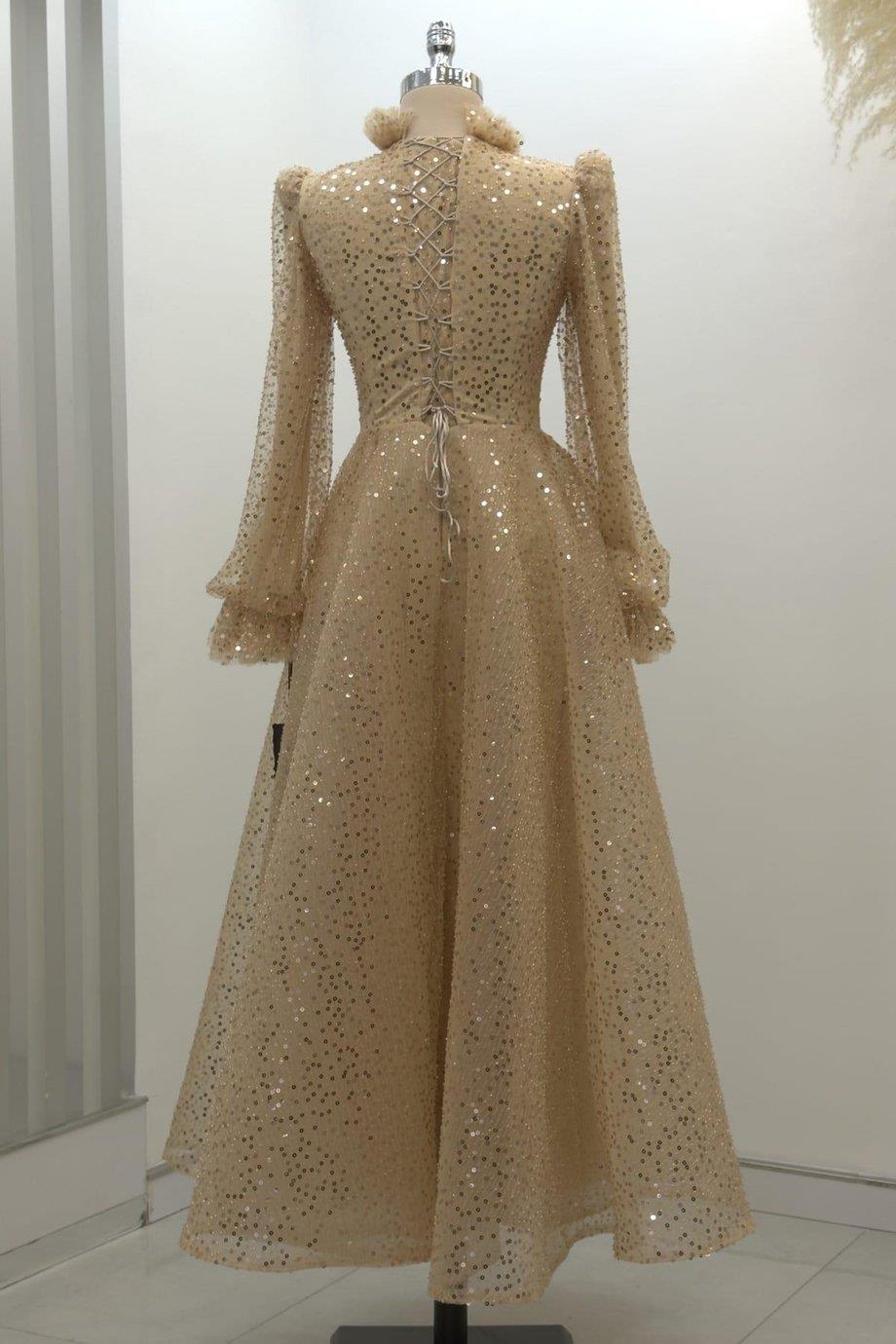 Pullu Kabarık Tesettür Abiye Gold