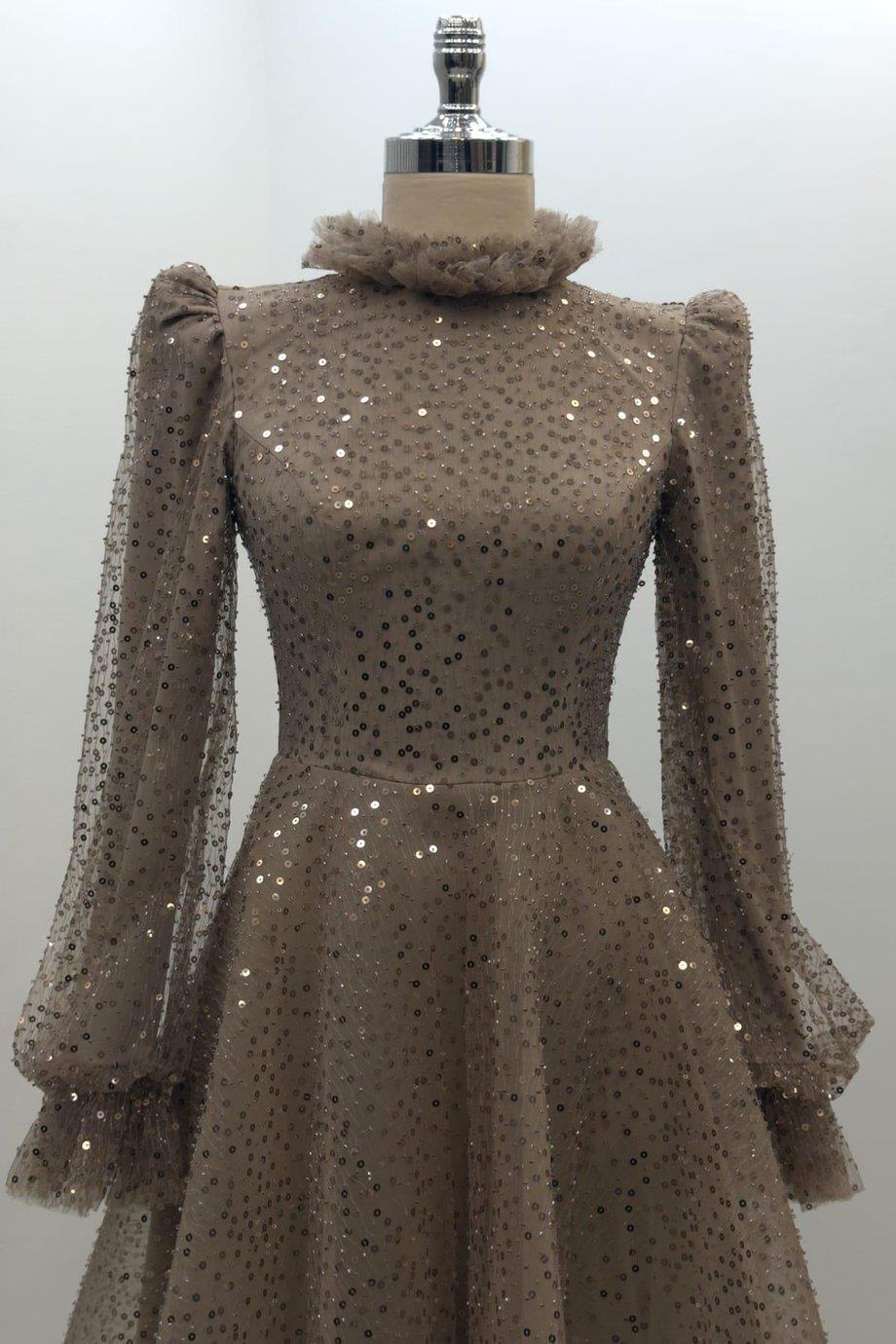 Pullu Kabarık Tesettür Abiye Kahve