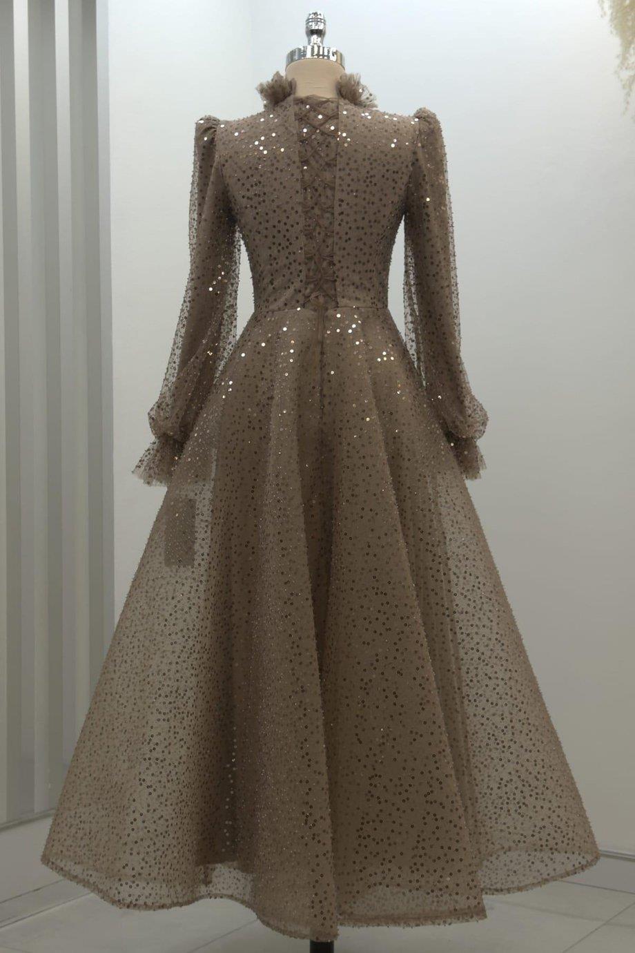 Pullu Kabarık Tesettür Abiye Kahve