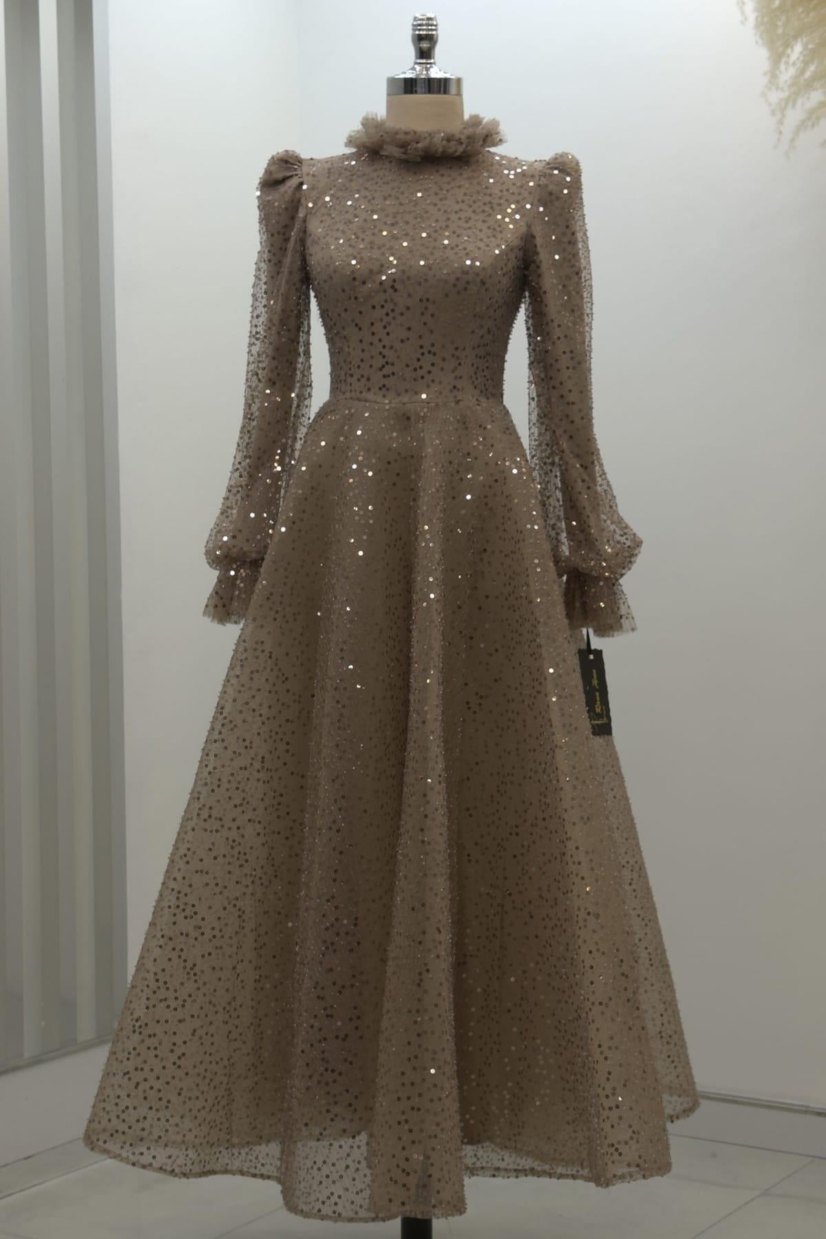 Pullu Kabarık Tesettür Abiye Kahve