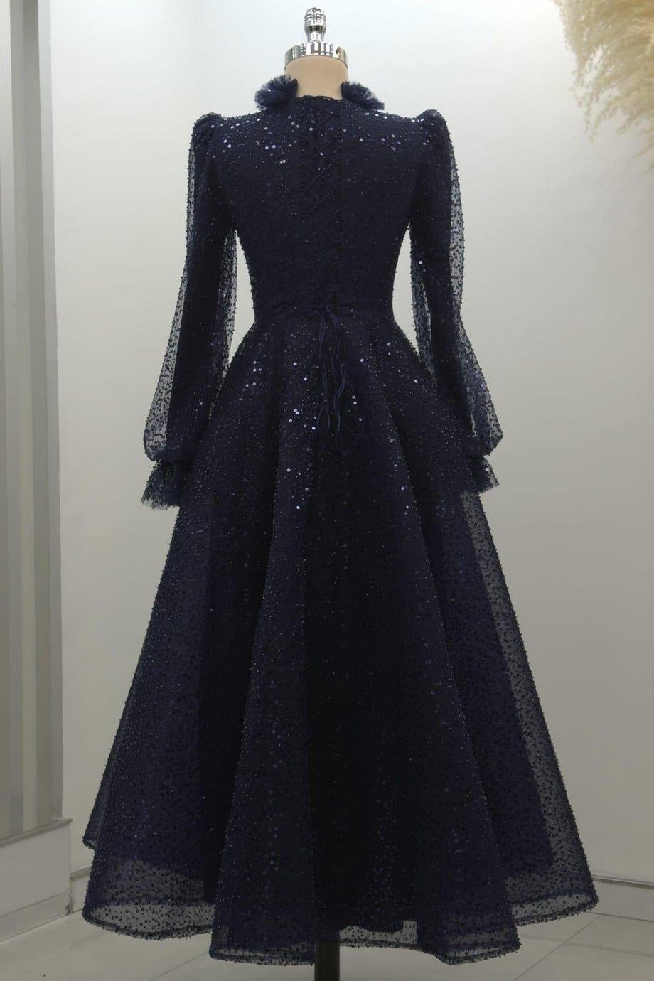 Pullu Kabarık Tesettür Abiye Lacivert