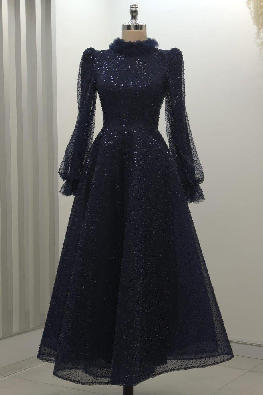 Pullu Kabarık Tesettür Abiye Lacivert