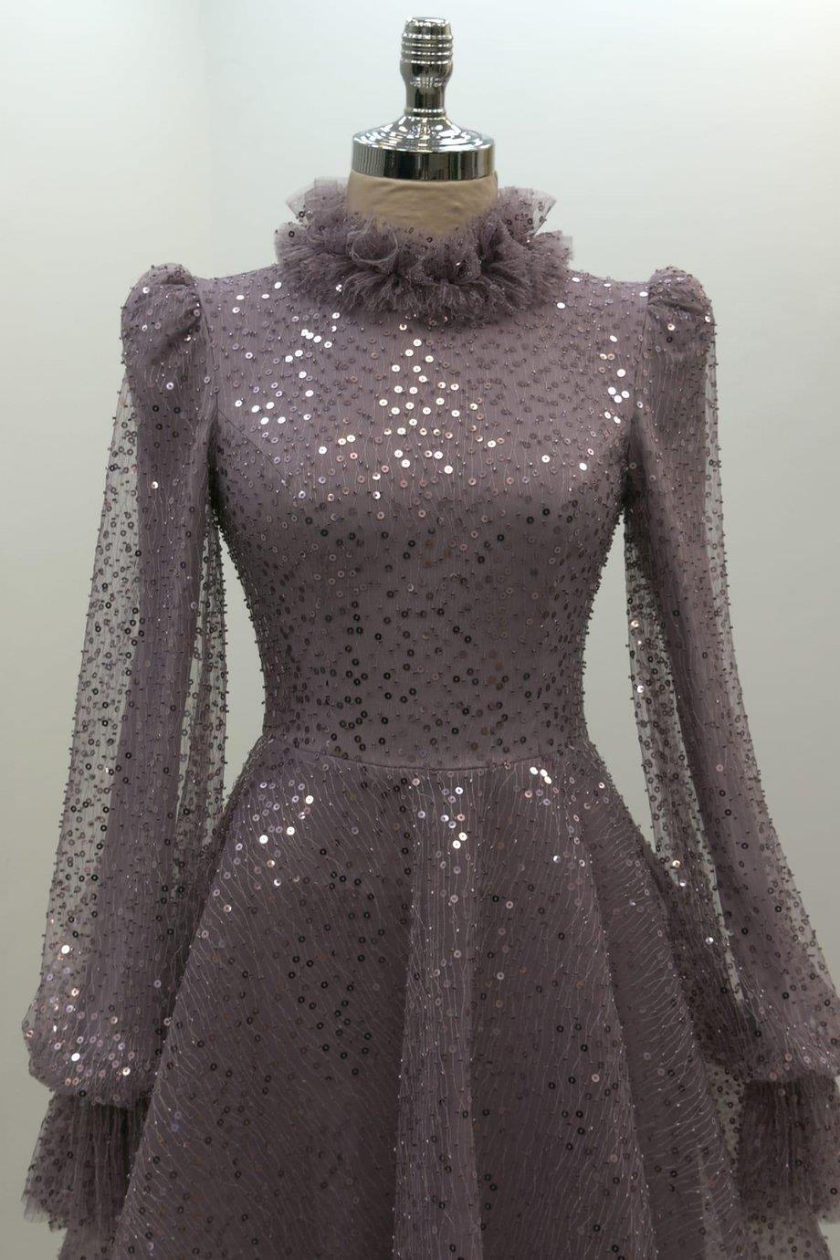 Pullu Kabarık Tesettür Abiye Lila