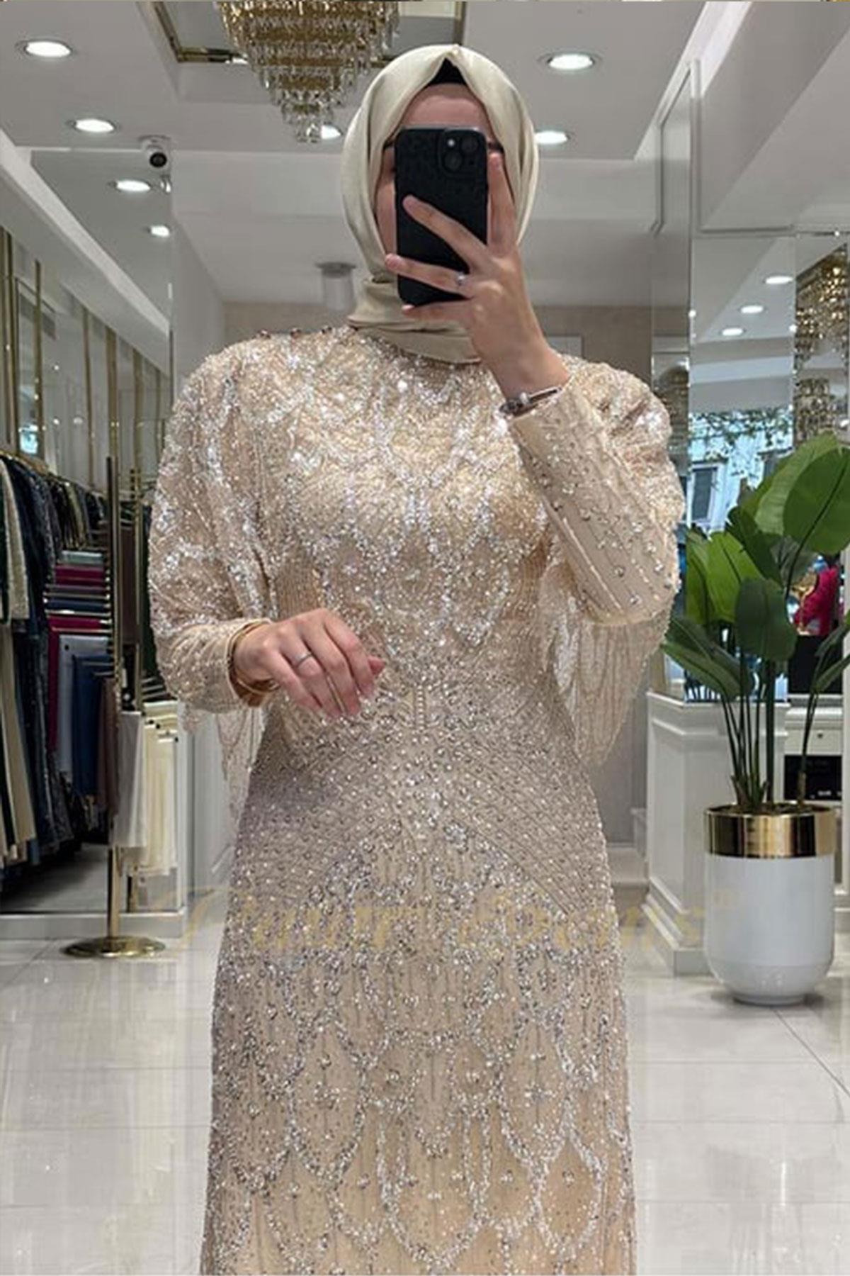 Taşlı Lavanta Abiye Krem