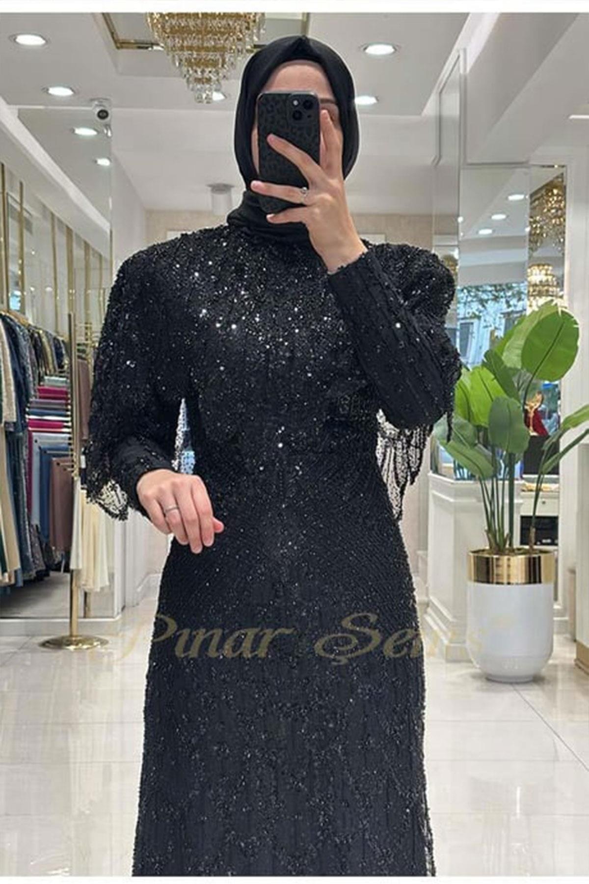 Taşlı Lavanta Abiye Siyah