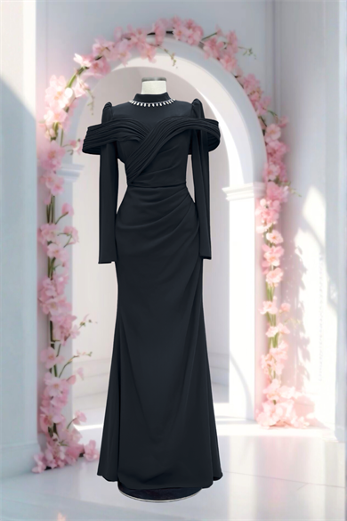 Amine Hüma Dila Abiye Elbise Siyah