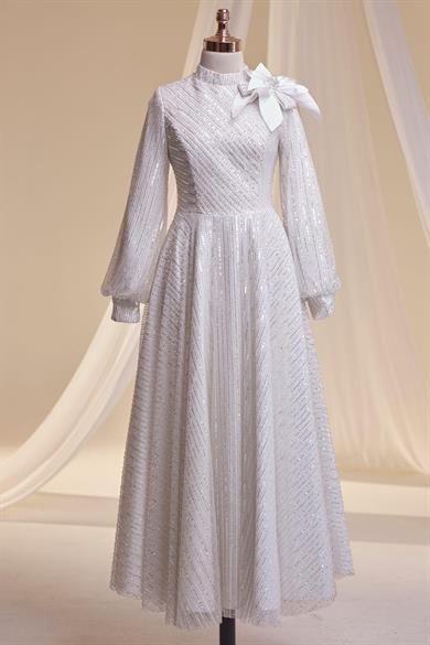 Bukle Tesettür Abiye Ekru