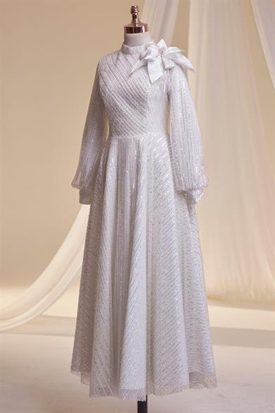 Bukle Tesettür Abiye Ekru