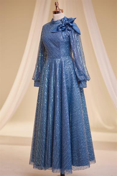 Bukle Tesettür Abiye İndigo