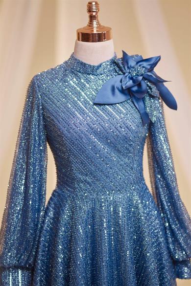 Bukle Tesettür Abiye İndigo