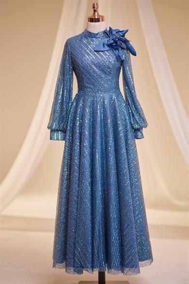 Bukle Tesettür Abiye İndigo