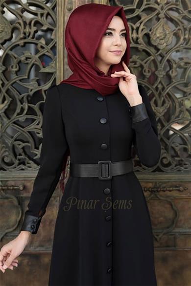 Deri Düğmeli Elbise Siyah