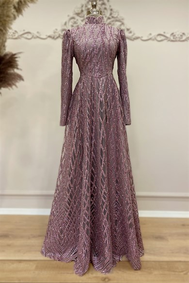 Gamze Özkul -  Gliter Baklava Evening Dress Lavender