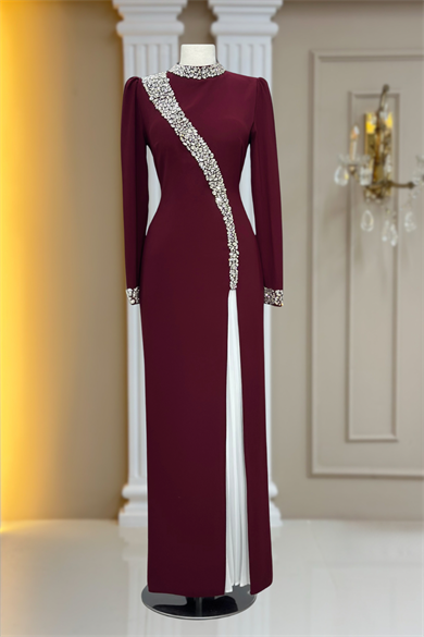 İnci Abiye Elbise Bordo