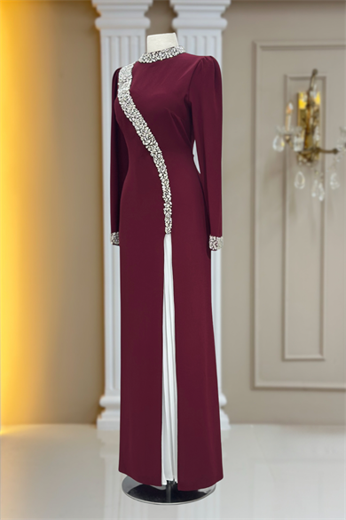 İnci Abiye Elbise Bordo