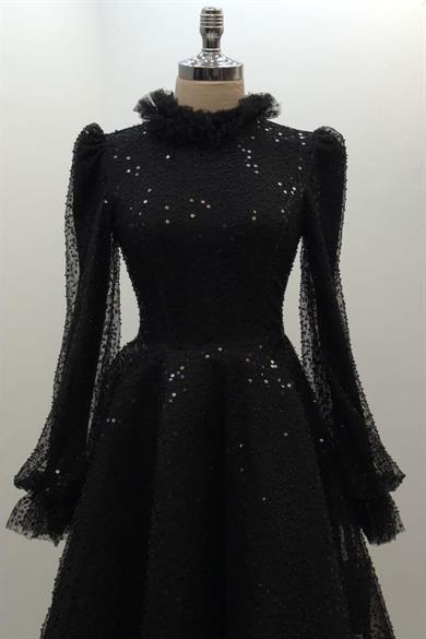 Pullu Kabarık Tesettür Abiye Siyah