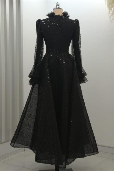 Pullu Kabarık Tesettür Abiye Siyah