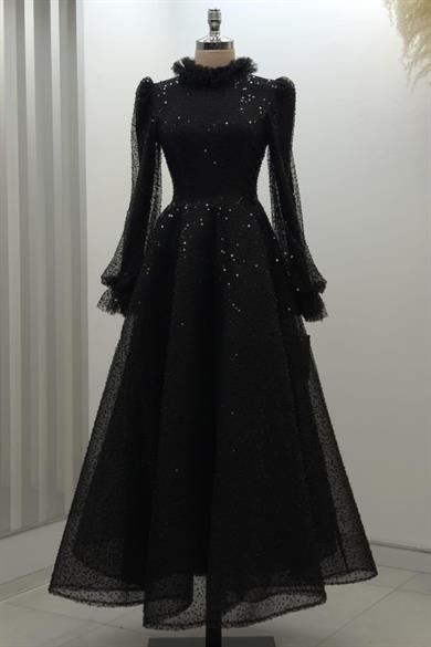 Pullu Kabarık Tesettür Abiye Siyah