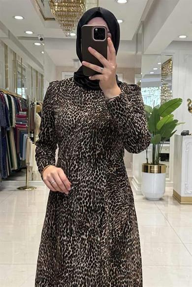 Şifon Leopar Elbise Kahverengi
