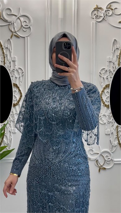 Taşlı Lavanta Abiye İndigo