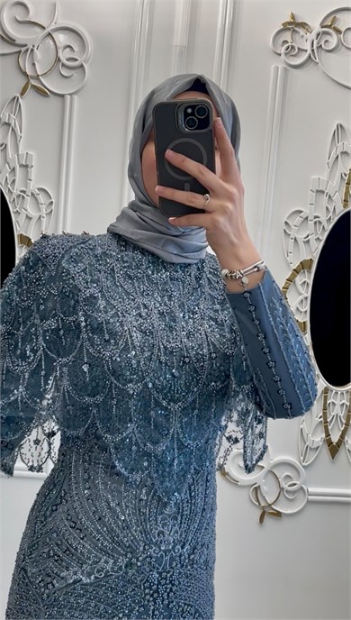 Taşlı Lavanta Abiye İndigo