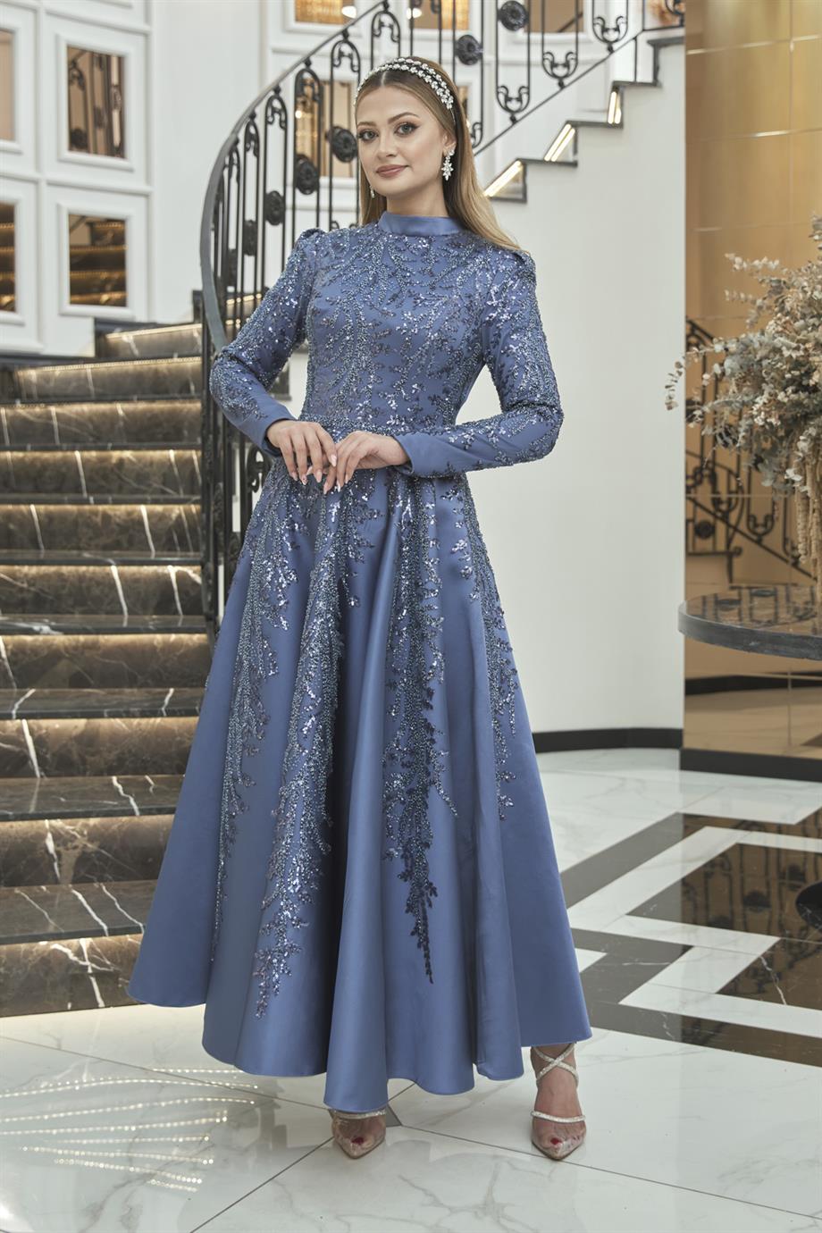 DressLife Midi Berrak Abiye Mavi Tesettür Home