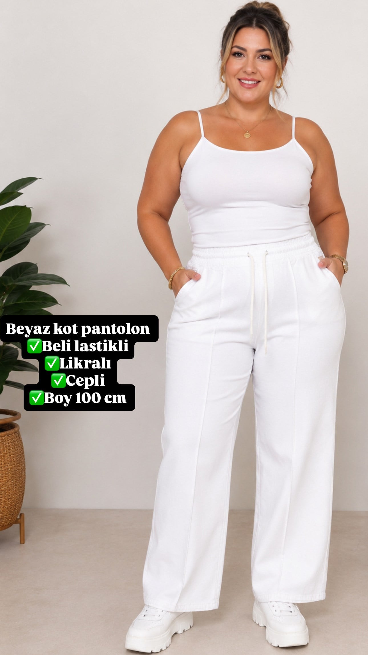 BÜYÜK BEDEN BEYAZ KOT PANTOLON 