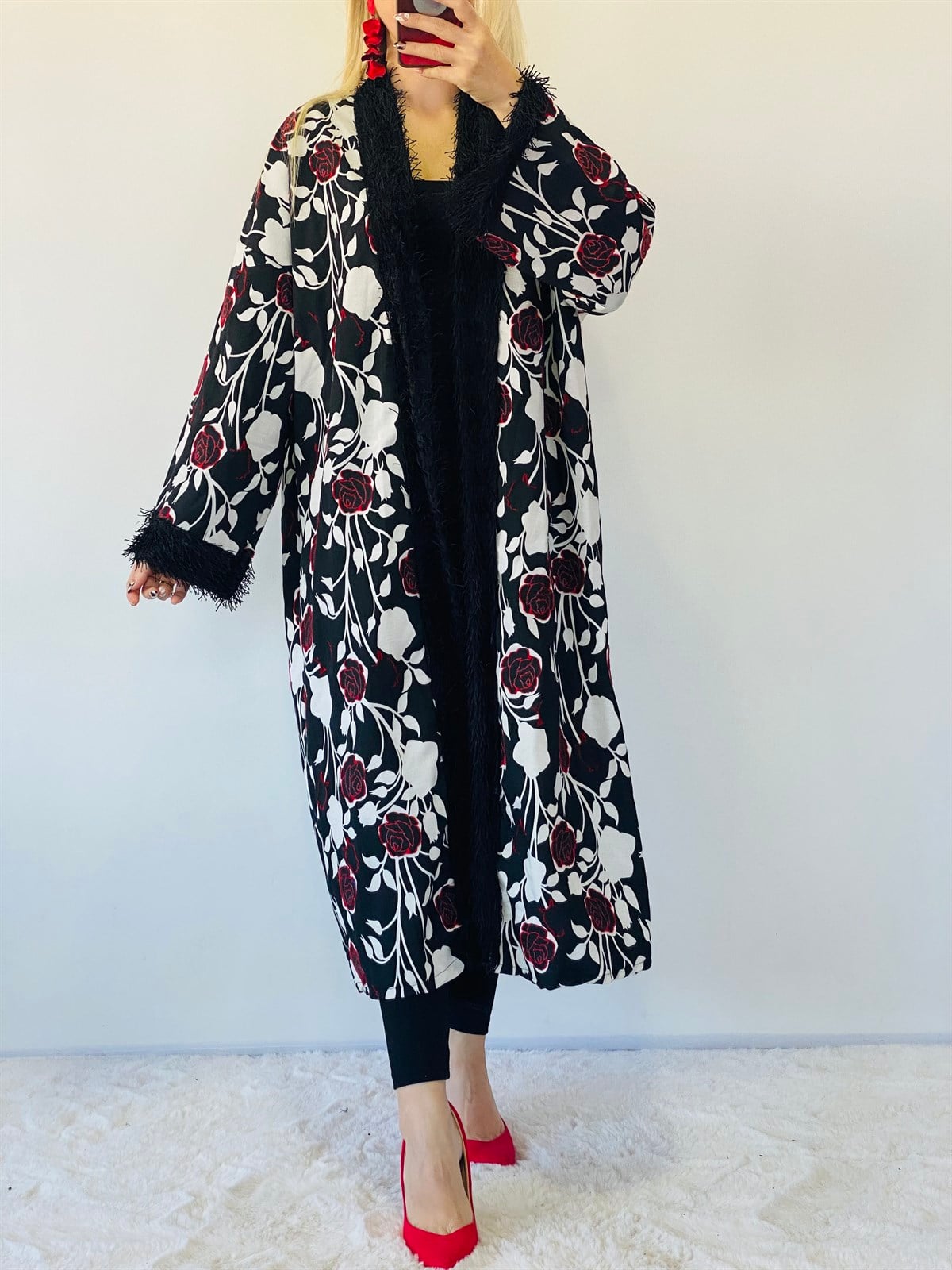 Kırmızı Tasarım İthal Çiçek Desen Kimono 